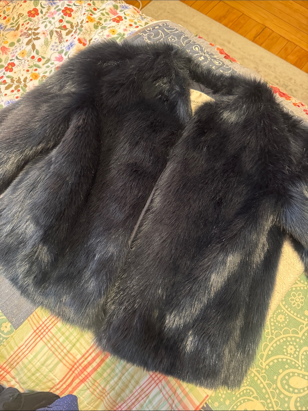 Zara Faux Fur Jacket in Deep Navy/Black